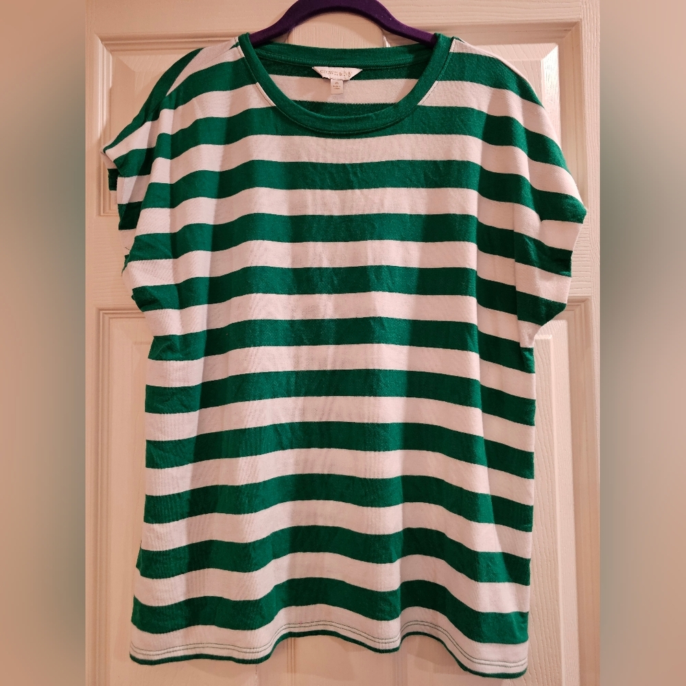 crown & ivy Green and White Striped Short Sleeve Tee